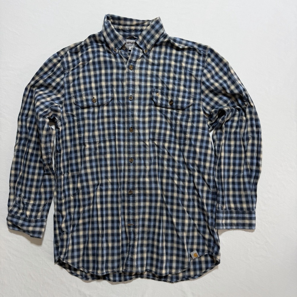 Carhartt Mens Relaxed Fit Plaid Shirt Large Blue Navy Cream 100% Cotton 100599